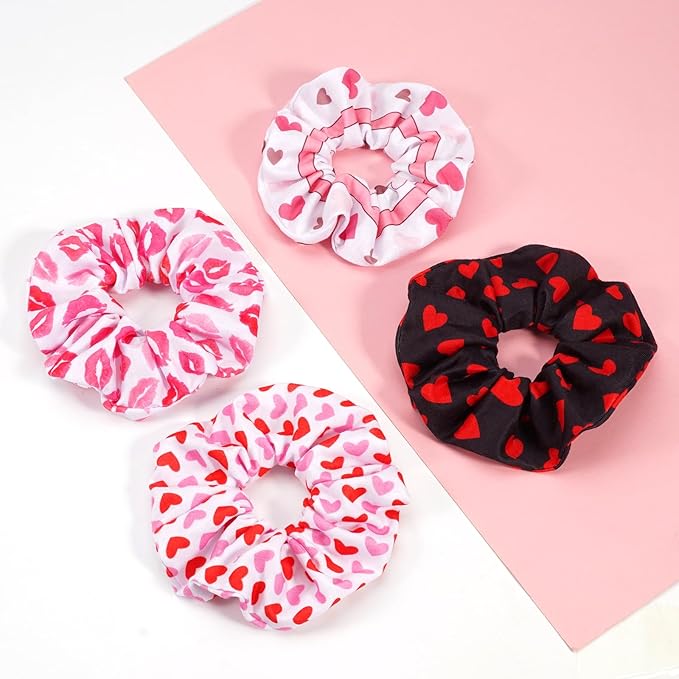 Valentines Hair Scrunchies Love Heart Hair Ties Cute Valentine's Day Hair Tie Hair Ropes Valentines Hair Accessories for Women Girls Elastics Ponytail Holder Hair Bands Gifts