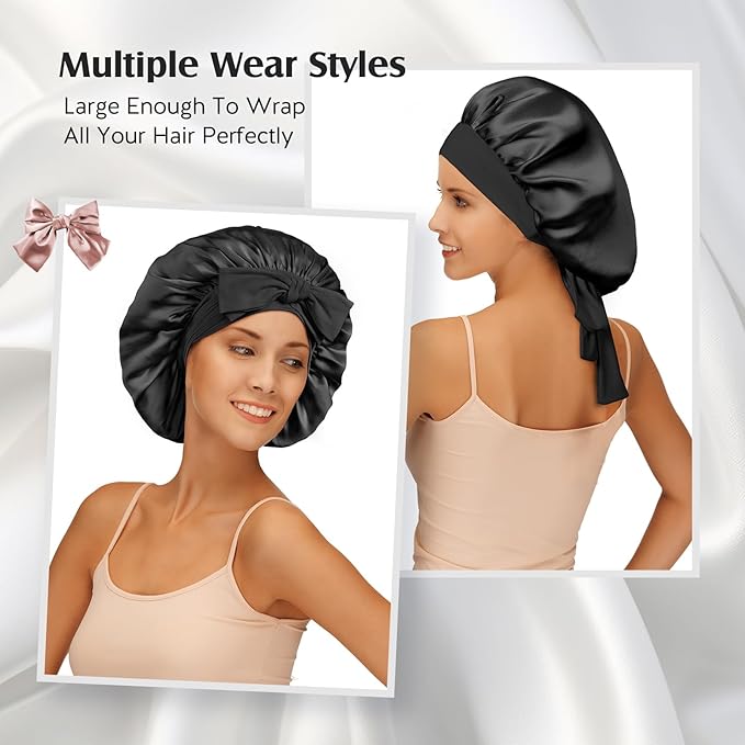 YFONG 100% 22 Momme Mulberry Silk Bonnet for Sleeping Women, Larger Double Layer Silk Hair Wrap for Curly Short Long Hair, Non-Slip Sleep Cap Turban with Elastic Tie Band for Hair Care, Black