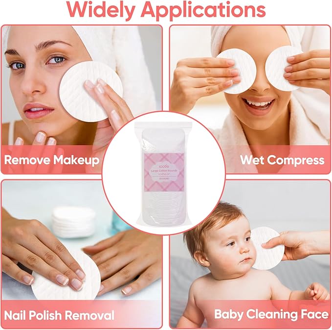 Extra Large Cotton Rounds, Diameter 3.14", 100% Pure Cotton Pads, Soft and Lint-Free, for Removing Makeup, Nail Polish, and Cleansing Face, 120 Count