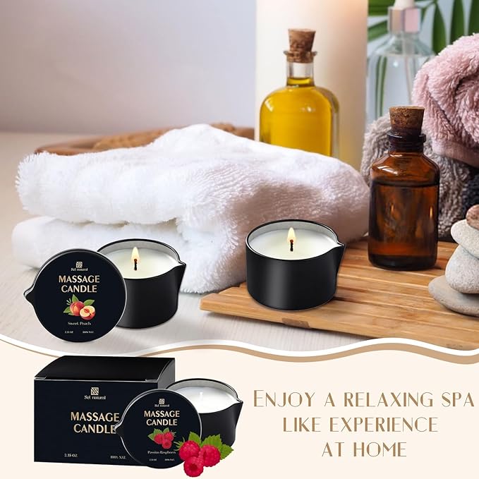 3 Pack Massage Oil Candles 2.35oz Low Temp Massage Candle Wax 3 Scent Spa Therapy Body Oil Valentines Gifts for Relaxation, Couples, or Self-Care (Sweet Peach, Passion Raspberry, Tropical Mango)