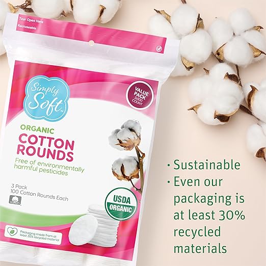 Simply Soft Premium Organic Cotton Rounds, 100 Count (Pack of 3), 100% Cotton Pads, Certified Organic, Hypoallergenic, Soft & Absorbent for Beauty, Cosmetics, Skin Care, Lint Free