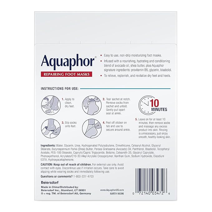 Aquaphor Repairing Foot Masks, Moisturizing Socks for Dry Feet, Hydrating Foot Care Treatment with Avocado Oil and Shea Butter, Pack of 6