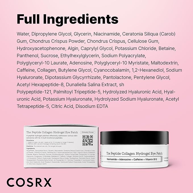 COSRX Pink Peptides Collagen Hydrogel Eye Patch for Puffy Eyes and Dark Circles, Under Eye Mask, 60 Under Eye Patches, Korean Skin Care, Stocking stuffers for women