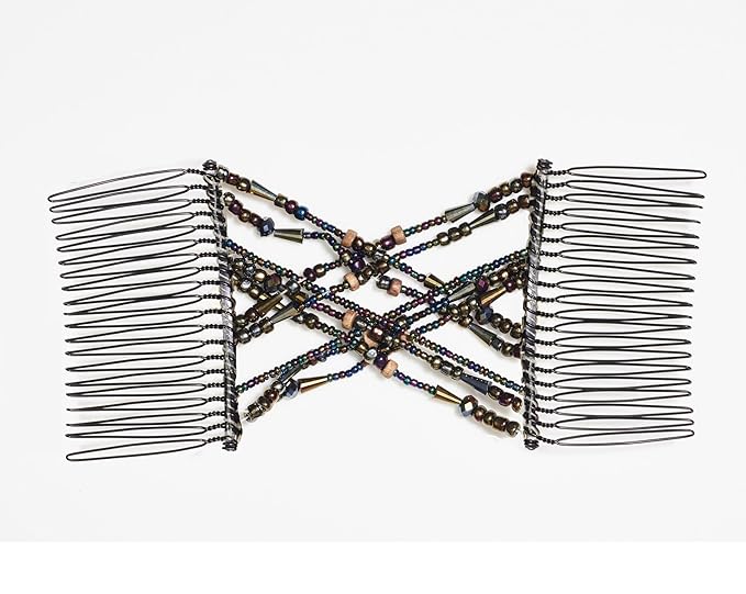 Decorative Beaded Fine Wire Hair Clip - Effortless, Adjustable Stretch Double Combs by HairZing No Damage, Creases, or Pain. (Earth - Medium)