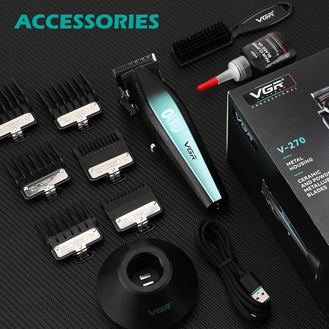 VGR 270 Hair Clippers for Men Professional, Low Noise Cordless High Speed 9000 RPM Fresh Fade Ceramic Blade Barber Clippers, Hair Cutting Kit with 6 Guide Combs, USB Charging Base, LED Display