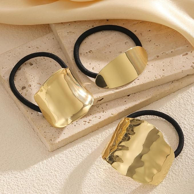 3PCS Gold Hair Ties, Metal Hair Ties for Thick Hair, Elegant Durable Geometric Design Hair Cuffs, Gold Hair Accessories Stretchy and Non-Damage Ponytail Holders 3 Style Holiday Christmas Gifts