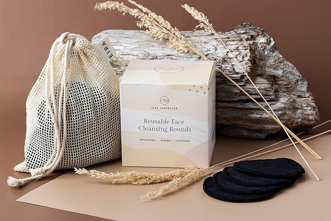 EIRA's Washable Makeup Remover Pads - Black Bamboo Reusable Cotton Rounds with Wooden Holder. Makeup Remover Cloths - Eco-Friendly - Zero Waste Reusable Makeup Remover Pads Set