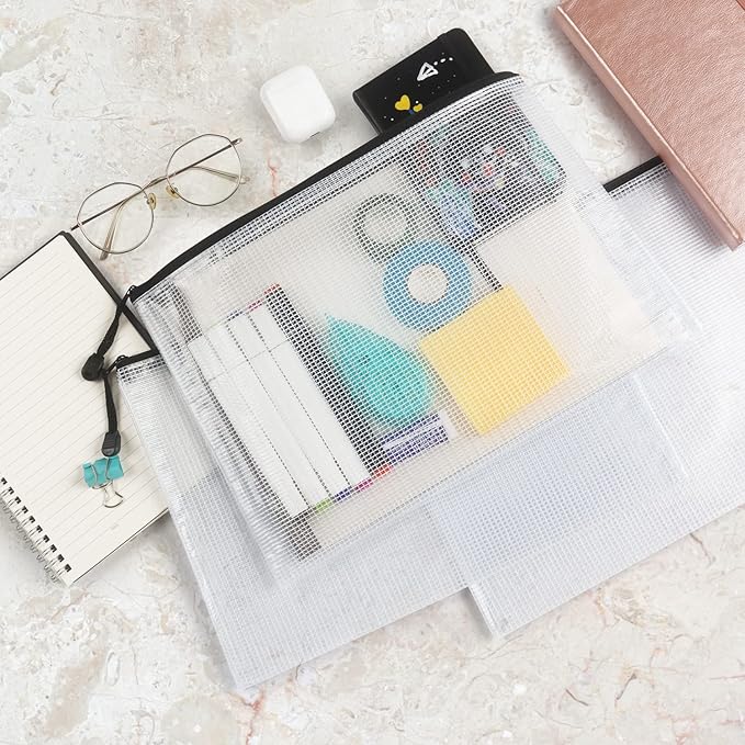 6 Pack Mesh Zipper Pouch Document Bag Waterproof Zip File Folders for School Office Supplies Travel Storage Bags (White)