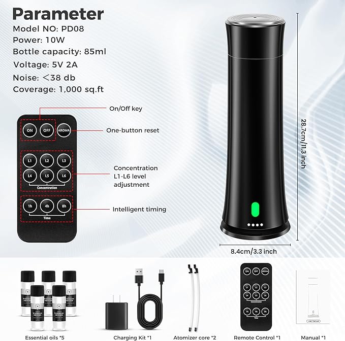 Hotel Scent Diffuser Starter Kit - 1500 Sq Ft Coverage, Hotel Scents Collection, Suitable for Waterless Diffuser Large Room, Contains Five Aromatherapy Essential Oils, Remote Control, Black