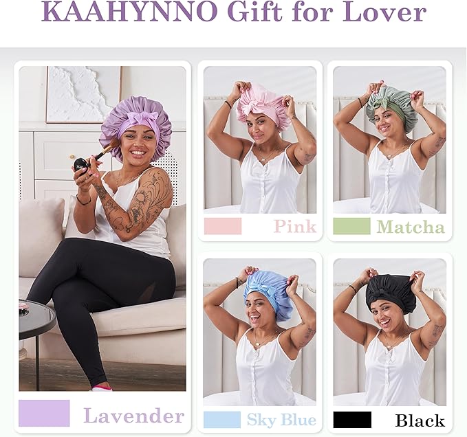 Silk Satin Bonnet Hair Wrap for Sleeping Women, Adjustable Tie Band Double Layer Sleep Night Head Cover for Curly Braid Fine