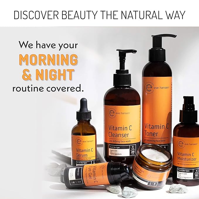 Eve Hansen Vitamin C Facial Serum - 76% Organic Antioxidant Serum for Face with Hyaluronic Acid, Vitamin E, and Aloe Vera - Hydrating and Rejuvenating Skin Care 2 Oz