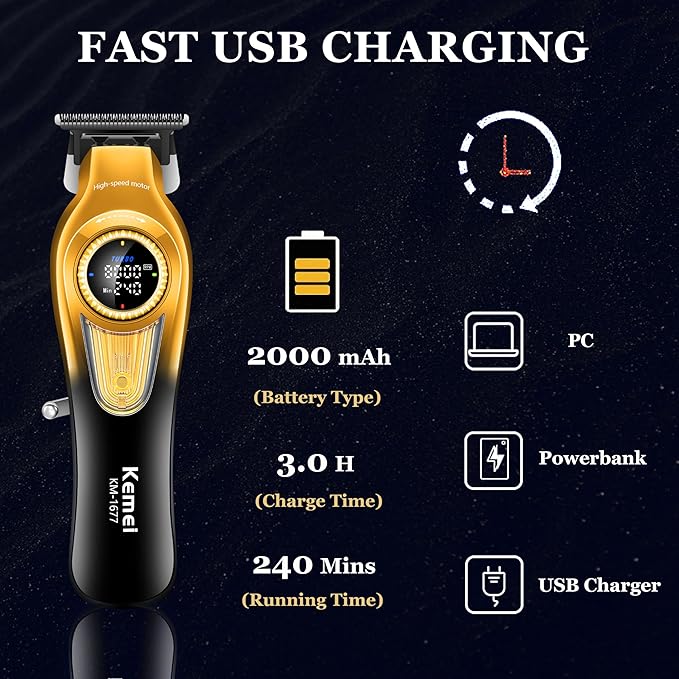 KEMEI 1677 Beard Trimmer for Men, Professional Hair Clippers, Cordless Barber Clipper with LED Display, DLC T-Blade Hair Trimmer, 8000 RPM Turbo Brushless Motor