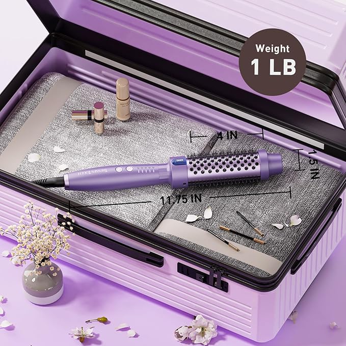 1.5 Inch Thermal Brush Blowout with 5 Temp Settings, Universal Voltage Hair Curling Iron, Ceramic Ionic Thermal Round Curling Brush Suitable for Medium and Long Hair, Purple