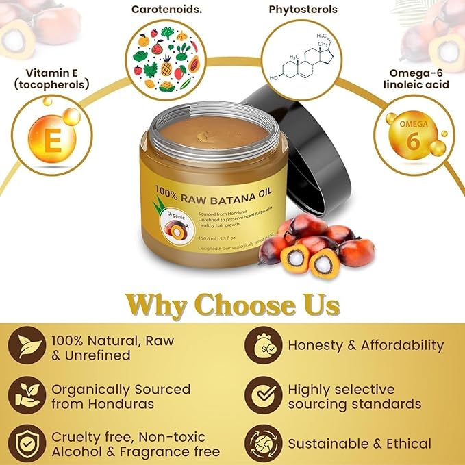 Batana Oil for Hair Growth β 100% Raw Unrefined Organic Ojon Oil from Honduras β Cold Pressed Hair Treatment for Thicker, Fuller, Healthier Hair β Dry Scalp & Damage Repair β 5.3 oz