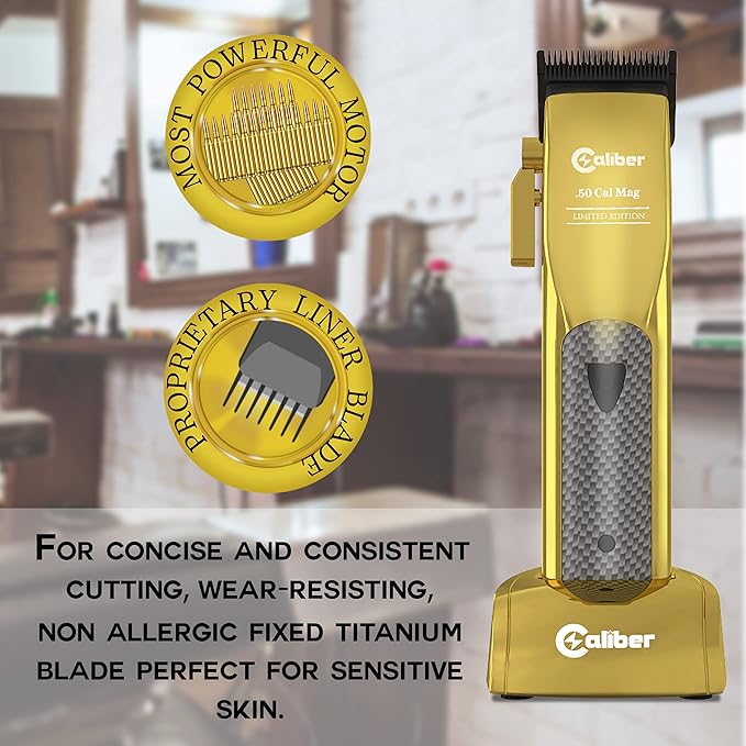 Caliber .50 Cal Limited Edition Clipper - Long Lasting 8+ Hours of Power - Ultra Low Noise Technology - Rechargeable Powerful Battery - Easy Zero Gap Cut - Hair Grooming Tool for Men (Gold)