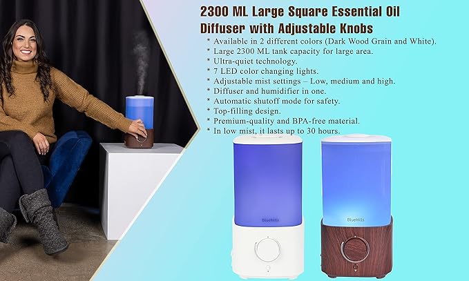 BlueHills Premium 2300 ML XL Large Essential Oil Diffuser Humidifier Combo for Large Room Home Huge Coverage Area 2 Liter Capacity Huge Diffuser with Décor LED Lights Square Dark Wood Grain - L003