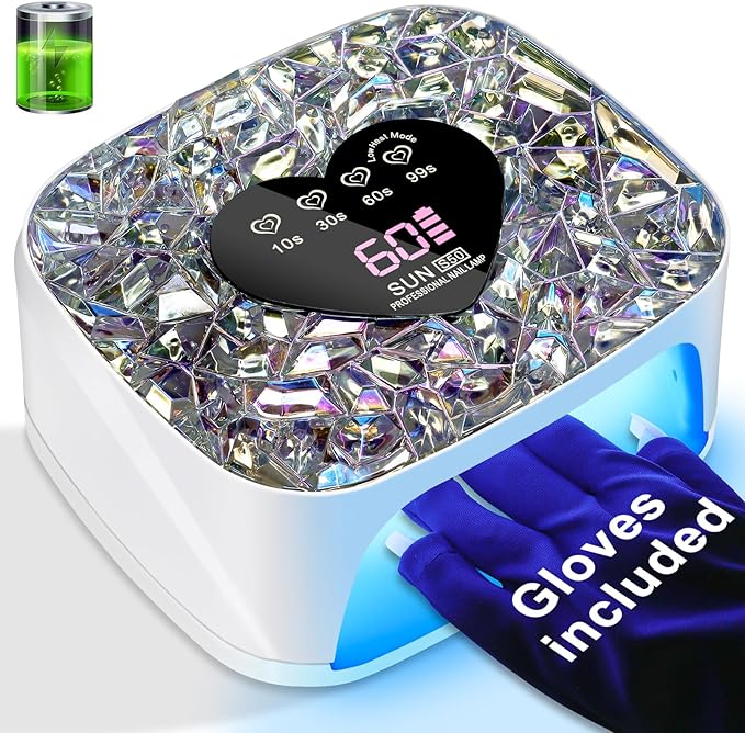 LIMEGIRL UV LED Nail Lamp Kit for Gel Polish Professional Fast White Diamond Design Curing Dryer Light Set with 4 Timers and Gloves Cordless Rechargeable Nail Art Cure Machine at Home and Salon