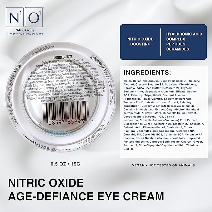 N1O1 Age-Defiance Eye Cream - Day & Night Moisturizer with Nitric Oxide, Hyaluronic Acid, Complex Peptides, Ceramides - Hydrating Eye Cream for Dark Circles, Wrinkles, Fine Lines, Puffiness - 0.5 oz.