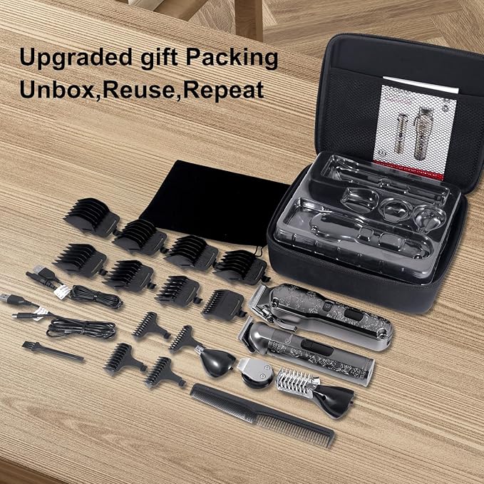Hatteker Professional Hair Clippers for Men Beard Trimmer Clippers and Trimmer Set Waterproof T-Blade Trimmer Cordless Grooming Kit Nose Body Hair Trimmer Barber Clippers Hair Cutting Kit