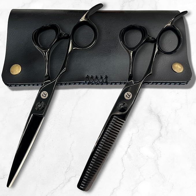 Hair Shears Set for Left-Handed Professionals, 440C Steel Blades, Black Titanium Coating, Includes Scissors, Shears, Razor, Carrying Case