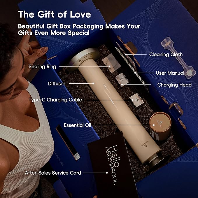 Waterless Scent Diffuser Starter Kit - Alloy Atomization System, Smart Rechargeable Hotel Scent Diffuser, 1500 Sq Ft Coverage, Including 120ml Essential Oil, for Home, Large Room, Spa, Cream