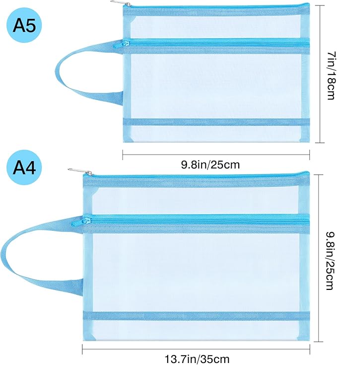6 Pack Mesh Zipper Pouch Bags, Double Layer Nylon Pouch with Handle for Office Travel Organization (White, A4)