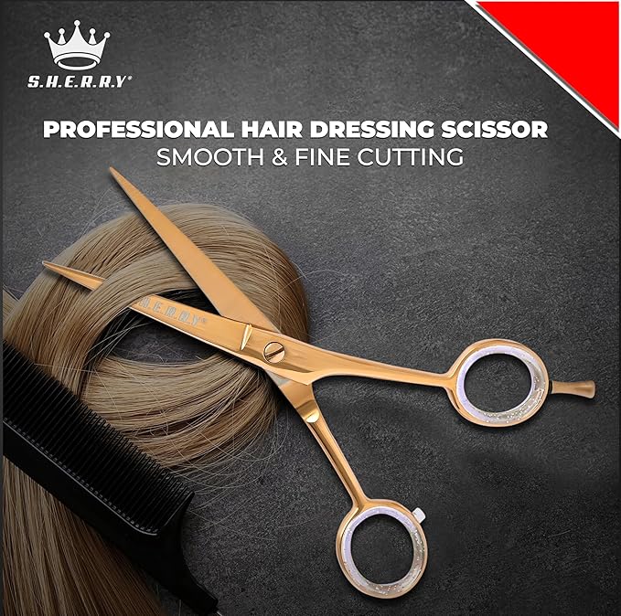 Professional Barber Shears 6” – High Carbon Stainless Steel Hair Cutting Scissors with Razor Sharp Edge for Salon & Home Use by S.H.E.R.R.Y (Gold, 6 inches)
