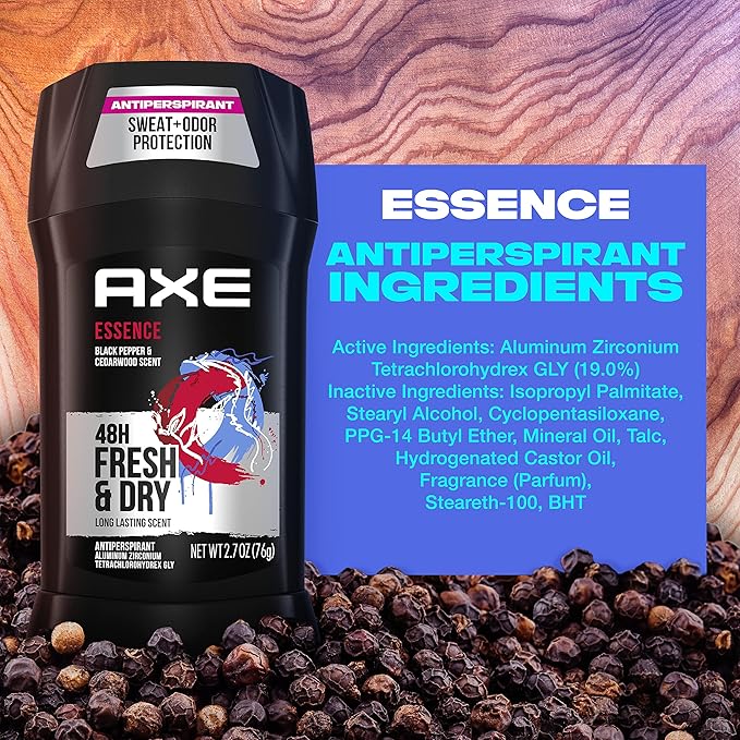 AXE Antiperspirant Deodorant for Men Essence 4 Count 48H Sweat & Odor Protection for Long Lasting Freshness, Black Pepper & Cedarwood 48 Hour Anti Sweat Mens Deodorant 2.7 oz