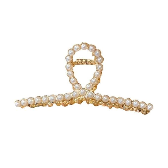 2 Pack Matte Gold and Pearl Hair Claws for Women: Large Metal Clips with Pearls for Thick Hair - Non-Slip Crab Claws and Strong Cross Barrettes