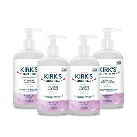 Kirk's Hydrating Hand Wash - Made with Coconut Oil and Aloe Vera, With Odor Neutralizing Technology To Help Eliminate Odors, Non-GMO, Vegan, Rosemary & Sage, 12 Fl Oz. 4 pack