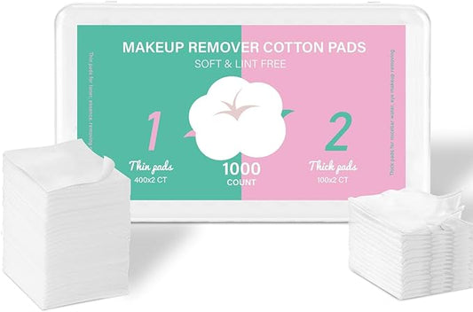 Square Cotton Pads for Face (1000 Count) - 100% Pure Cotton, Soft Lint-Free Makeup Remover Pads for Facial and Eye Use, Double-Sided Design to Save Water, Hypoallergenic (200 Thick & 800 Ultra-Thin)