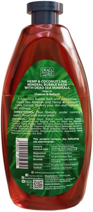 Dead Sea Collection Hemp & Coconut Lime Bubble Bath for Women and Men with Pure Minerals - Nourishing and Moisturizing Skin - 33.8 Fl. Oz