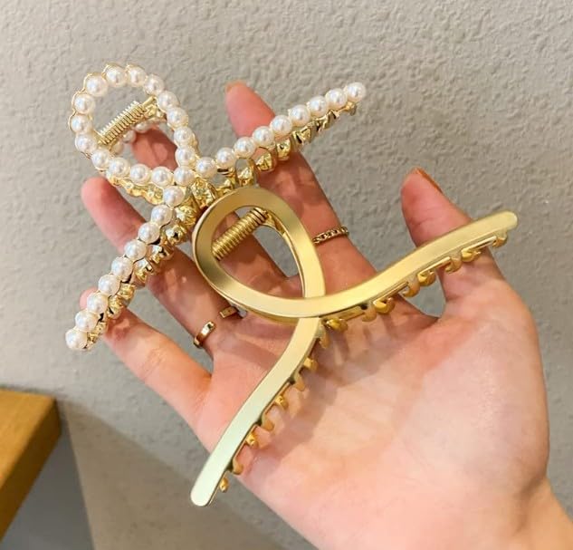 2 Pack Matte Gold and Pearl Hair Claws for Women: Large Metal Clips with Pearls for Thick Hair - Non-Slip Crab Claws and Strong Cross Barrettes