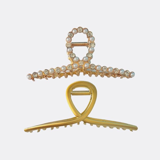 2 Pack Large Metal Hair Claw Clips with Pearls 4.3 Inch - Gold Hair Accessories for Women's Thick Hair Styling, Strong Hold, and Fashion