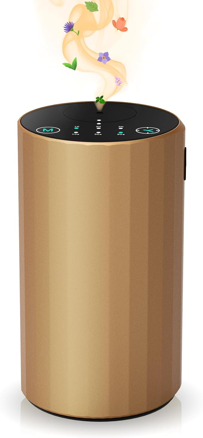 Waterless Essential Oil Diffuser Aromatherapy Scent Diffusers for Home Large Room, Bedroom, Car, Office, Desk, Battery Operated Mini Portable Air Freshener (Golden)