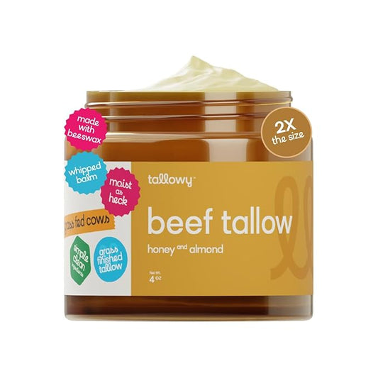 100% Grass-Fed Beef Tallow Balm for Skin – Non-Toxic Whipped Moisturizer for Face & Body – Soothes Dry, Sensitive Skin & Eczema – Honey Almond (4 oz)