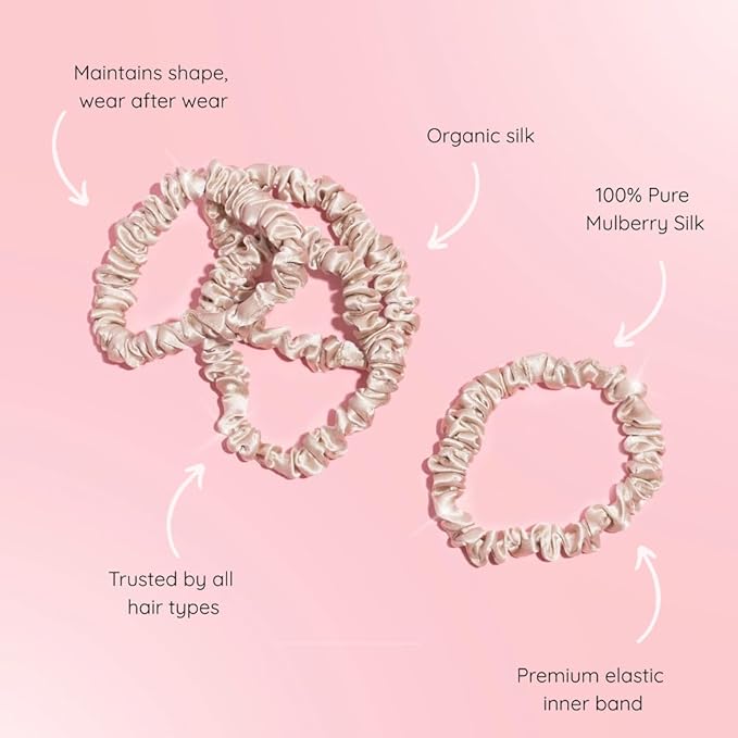 SILKIE x4 Set 100% Pure Mulberry Silk Black Brown Chocolate Pink Nude Neutral Skinny Scrunchies Travel Pouch Everyday Hair Ties Elastics Hair Care Ponytail Holder No Damage (Champagne)