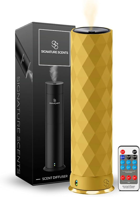 Waterless Essential Oil Hotel Scent Diffuser - Cold Air Diffuser - Covers 1000 sq. ft. - Waterless Diffuser for Home, Office & Hotel (Black + Interchangeable Sleeve) (Black + Gold Sleeve)