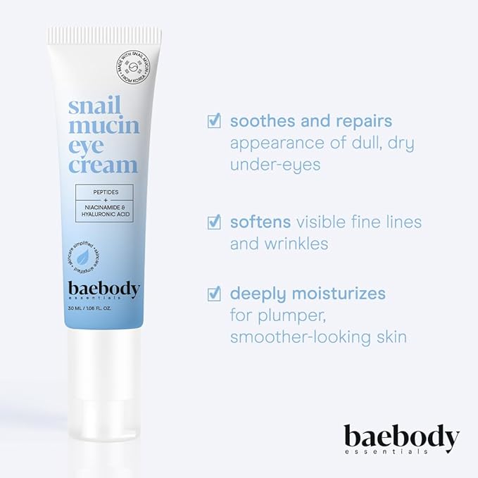 Baebody Snail Mucin Eye Cream (30 ml/1.06 fl oz) - Anti-Aging Eye Cream for Dark Circles and Dry Skin - Snail Mucin Serum with Peptides and Hyaluronic Acid