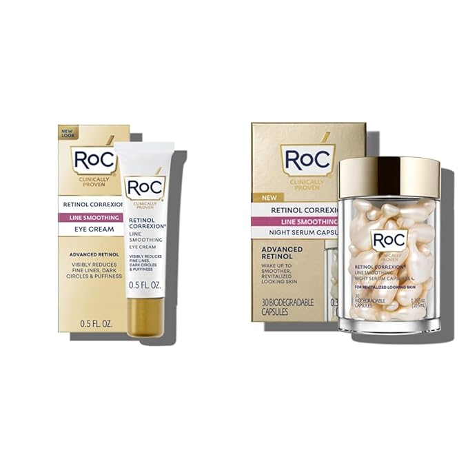 RoC Retinol Correxion Nighttime Bundle: Line Smoothing Eye Cream for Dark Circles & Puffiness with Anti-Aging Night Serum Capsules, 30ct, Wrinkle Treatment for Face & Eyes