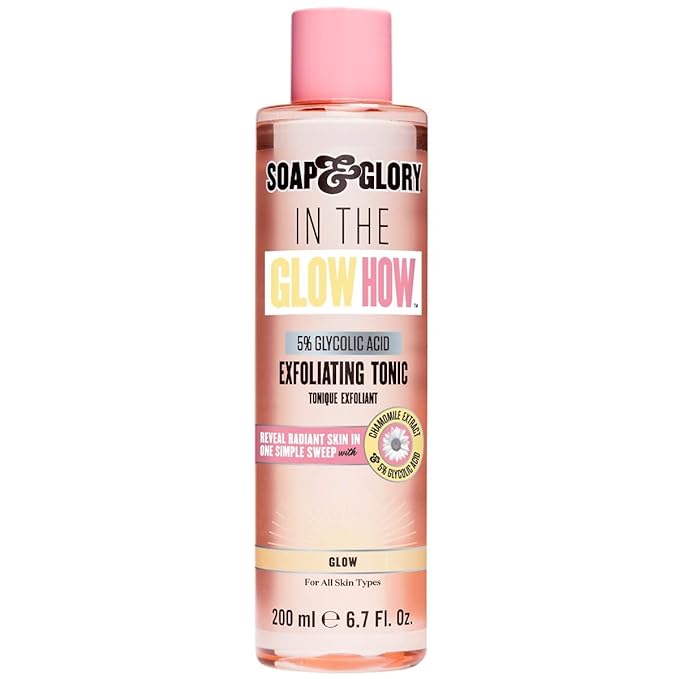 Soap & Glory in The Glow How Vitamin C 5% Glycolic Acid Exfoliating Tonic - Gentle Glycolic Acid Toner + Chamomile Extract - Pore Exfoliating Toner + Glow Tonic for Brighter, Healthier Skin (200ml)