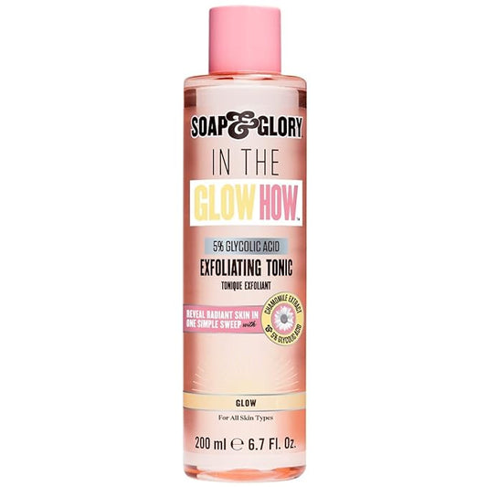 Soap & Glory in The Glow How Vitamin C 5% Glycolic Acid Exfoliating Tonic - Gentle Glycolic Acid Toner + Chamomile Extract - Pore Exfoliating Toner + Glow Tonic for Brighter, Healthier Skin (200ml)