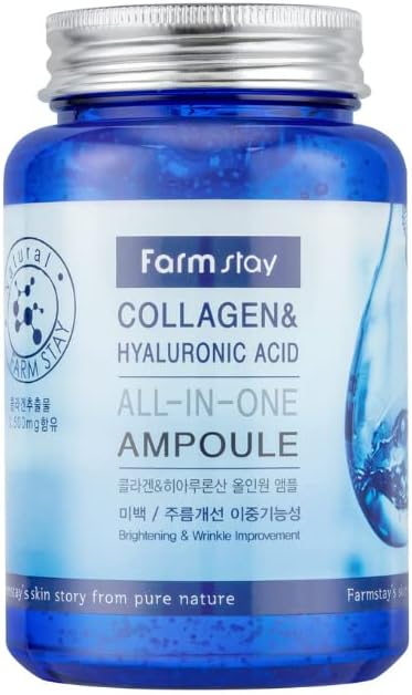 Farmstay Collagen and Hyaluronic Acid All-in-One Ampoule - Face Serum Reduces Fine Lines and Wrinkles - Serum for Face with Marine Collagen - 8.45 oz