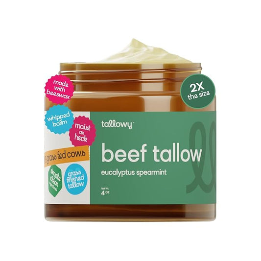 100% Grass-Fed Beef Tallow Balm for Skin – Non-Toxic Whipped Moisturizer for Face & Body – Soothes Dry, Sensitive Skin & Eczema – Eucalyptus Spearmint (4 oz)