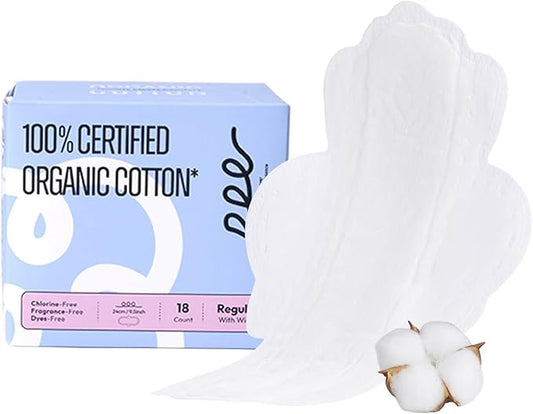 100% Organic Pads for Women, Organic Cotton Cover Pad - Regular Absorbency, Unscented, Ultra Thin Pads with Wings for Women (Regular, Size 3, 18 Count)