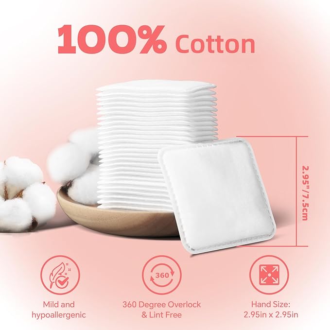 Square Cotton Pads 240 Count, Triple-Layer Design, Lint-Free & Durable, Dual-Sided Textured and Soft Pads for Makeup Removal, Facial Cleansing, Toner & Daily Skin Care