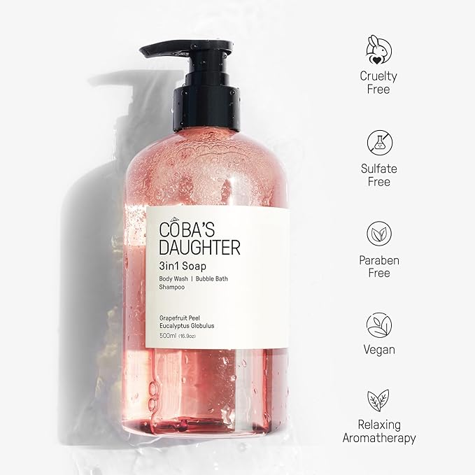 COBA'S DAUGHTER Grapefruit Peel & Eucalyptus Globulus 3-in-1 Soap | Body Wash, Bubble Bath, Shampoo | Cleanse, Nourish & Soften Skin with Inulin & Seaweed Extract | (16.9oz)