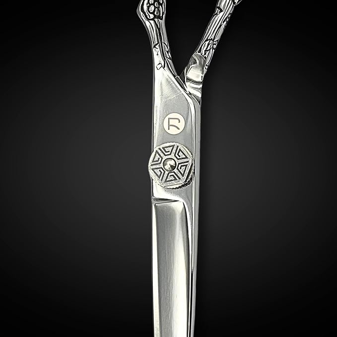 Saki Shears 6 Inch Set of Hair Cutting and Thinning Scissors With Flower Design on Handle and Finger Holes - 440C Stainless Steel - Professional Hair Cutting Set (Silver)