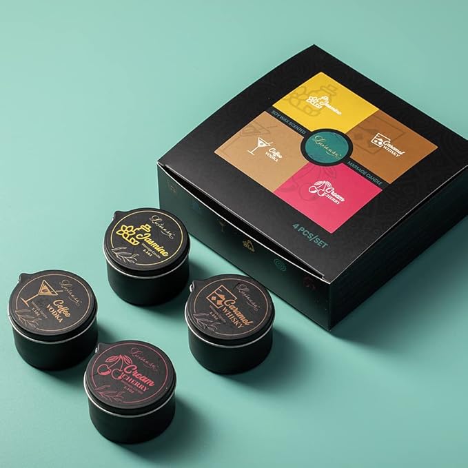 Soybean Wax Warm Massage Oil Candle Gift, Scented Aromatherapy Candle for Relaxing and Stress Relief 4 Pack 9.4OZ(2.35OZ*4 pcs)-Jasmine,Caramel Whisky,Coffee Vodka,Cream Cherry Scent