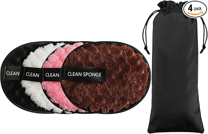 Vtrem 4 Colors Reusable Makeup Remover Pads Soft Facial Cleaning Puffs Towels Face Eye Lip Remover Pads Double-Side Washable Make Up Removing Cloth Microfiber, White/Pink/Brown/Black